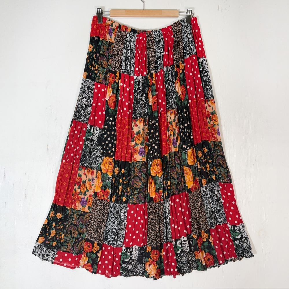 VTG 90s Patchwork Maxi Skirt Womens S Floral Polka Dot Pleated Boho Cottagecore